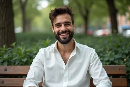 Homme souriant en parc urbain avec nature et ville