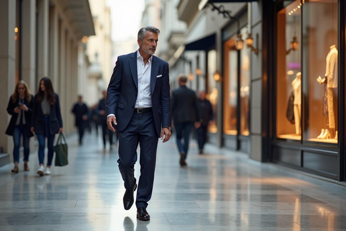 Homme élégant en costume navy dans un quartier luxe