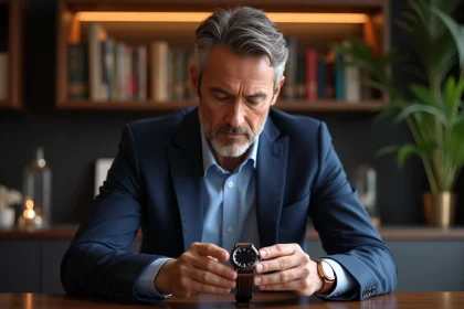 Homme en costume regardant une montre de luxe