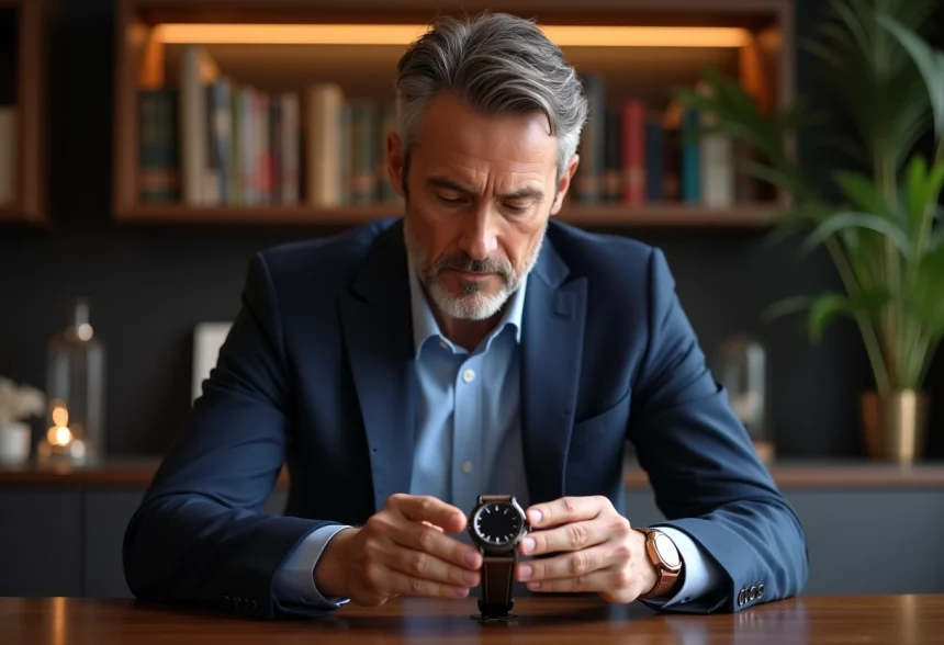 Homme en costume regardant une montre de luxe