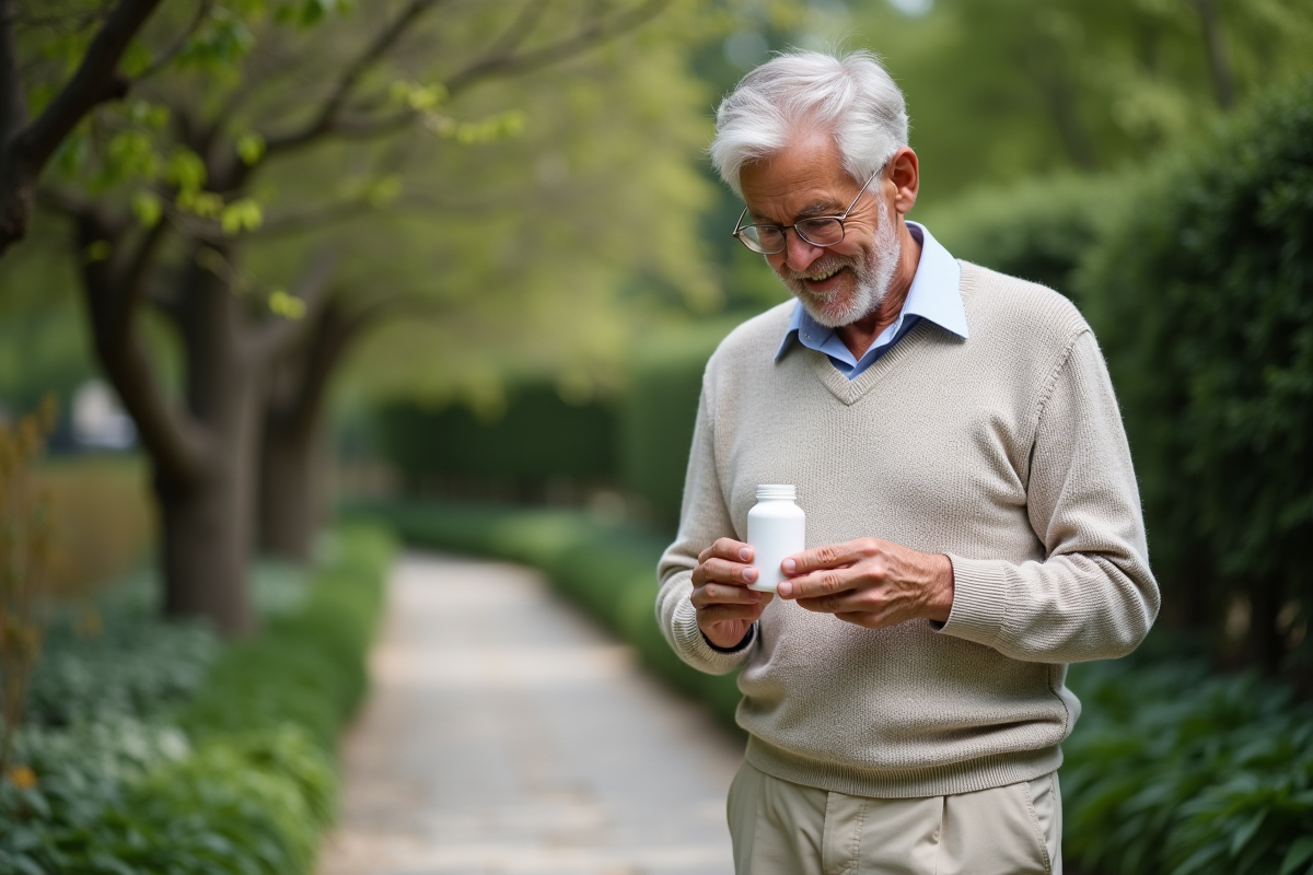 Homme lisant une bouteille de complément beauté