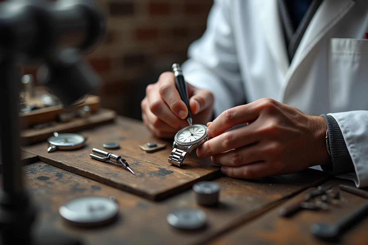Horloger expert tenant une montre de haute complication en platine dans un atelier traditionnel genevois