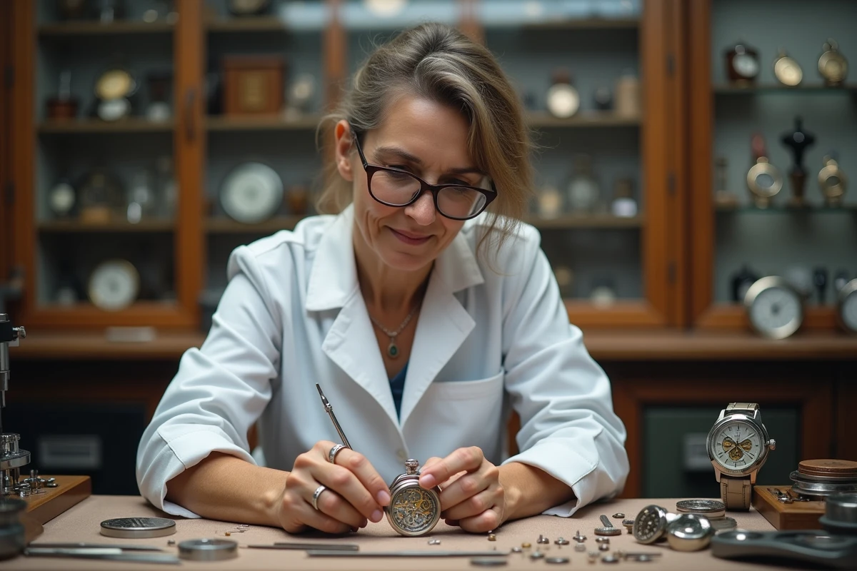 Horlogère professionnelle réparant le mouvement d'une montre mécanique de luxe dans un atelier spécialisé