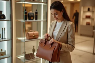 Femme élégante examinant un sac à main de luxe dans une boutique haut de gamme pour identifier une marque LVMH
