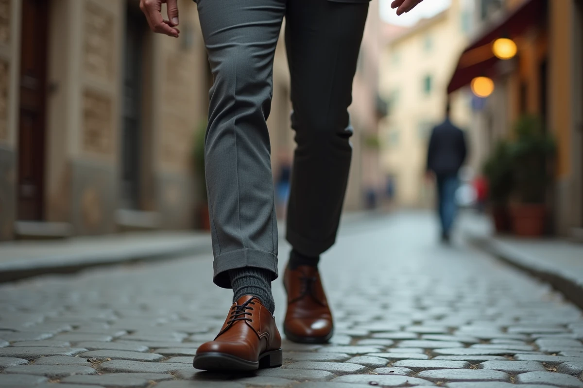 Homme marchant de façon instable sur des pavés avec des chaussures de ville trop grandes causant des glissements du pied