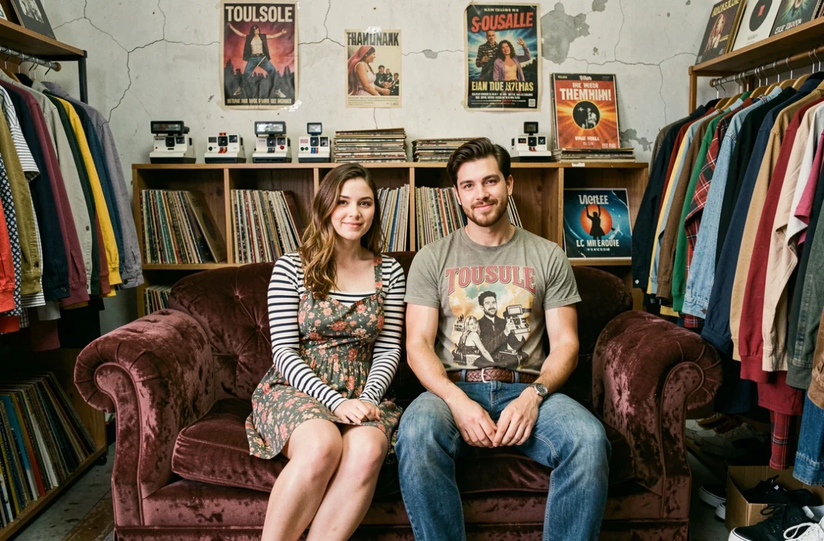 Deux amis en tenues vintage années 80-90 assis dans une friperie rétro à Toulouse entourés de vêtements et vinyles