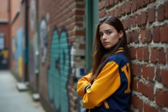 Jeune femme portant une jacket souvenir vintage avec broderies, posant devant un mur de briques urbain couvert de street art, expression de rébellion et de confiance
