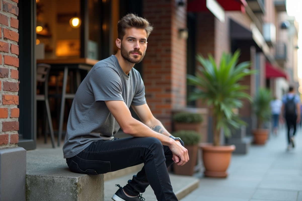 Jeune homme en jeans noirs dans un café urbain