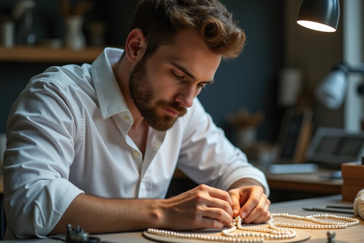 Jeune bijoutier inspectant des colliers de perles au travail