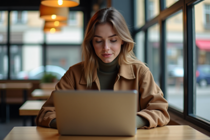 Jeune femme regardant un site de mode sur son ordinateur dans un café