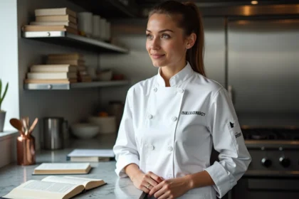 Jeune femme chef en cuisine moderne et professionnelle