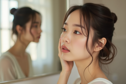 Jeune femme appliquant du maquillage contour dans une salle de bain moderne