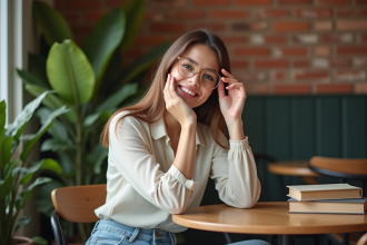 Jeune femme souriante ajustant ses lunettes dans un café chaleureux