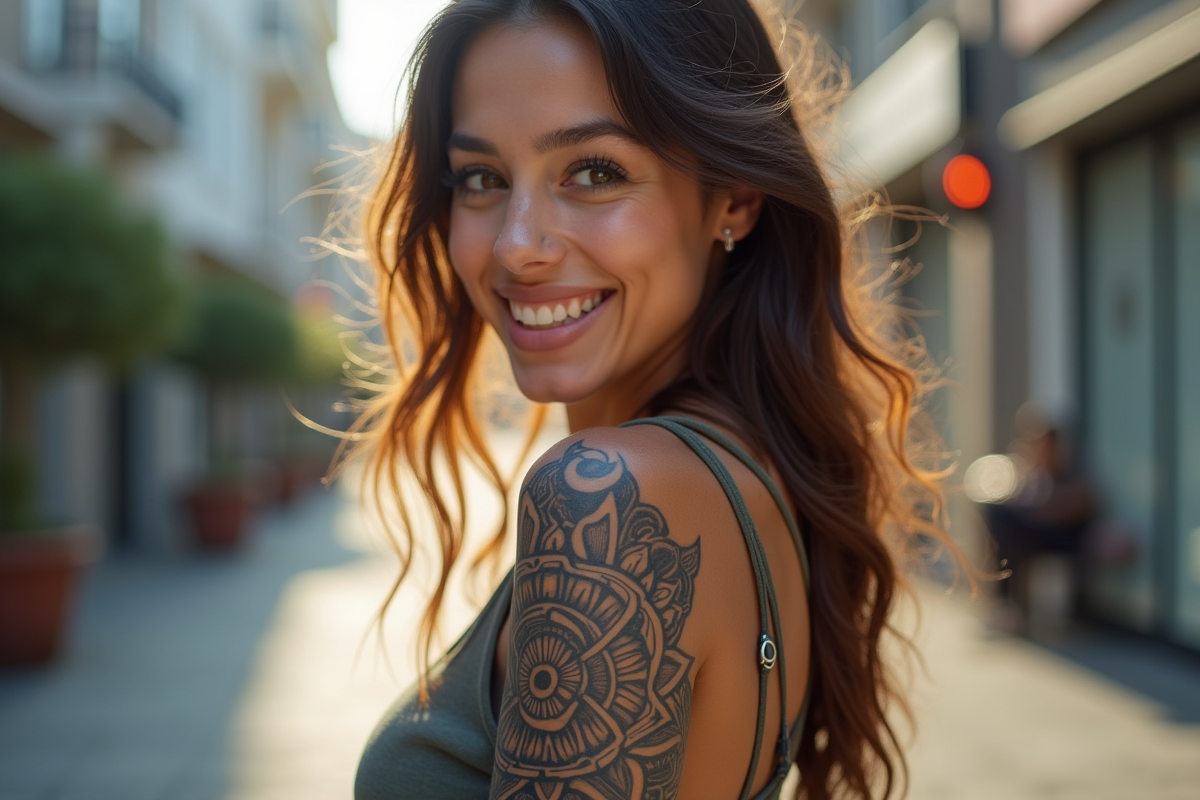 Jeune femme souriante avec tatouage Maori sur l'avant bras en milieu urbain