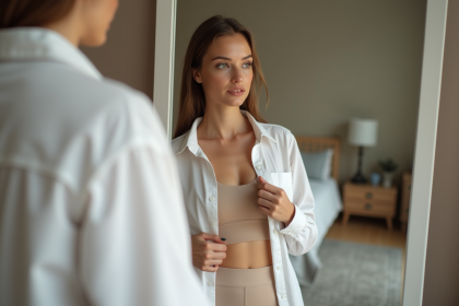 Jeune femme ajustant un bandeau dans un miroir moderne