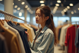 Jeune femme en shopping dans un outlet moderne