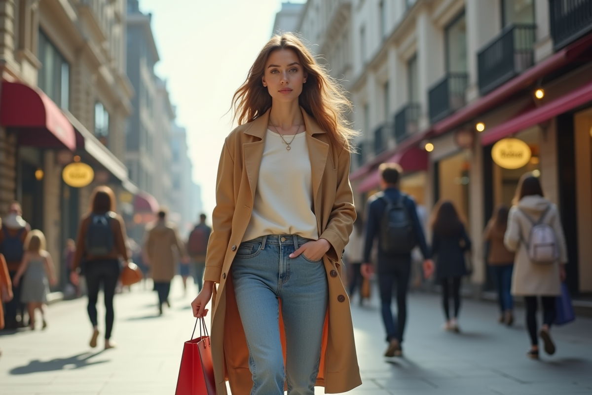 Jeune femme élégante marchant en ville avec sacs à la main
