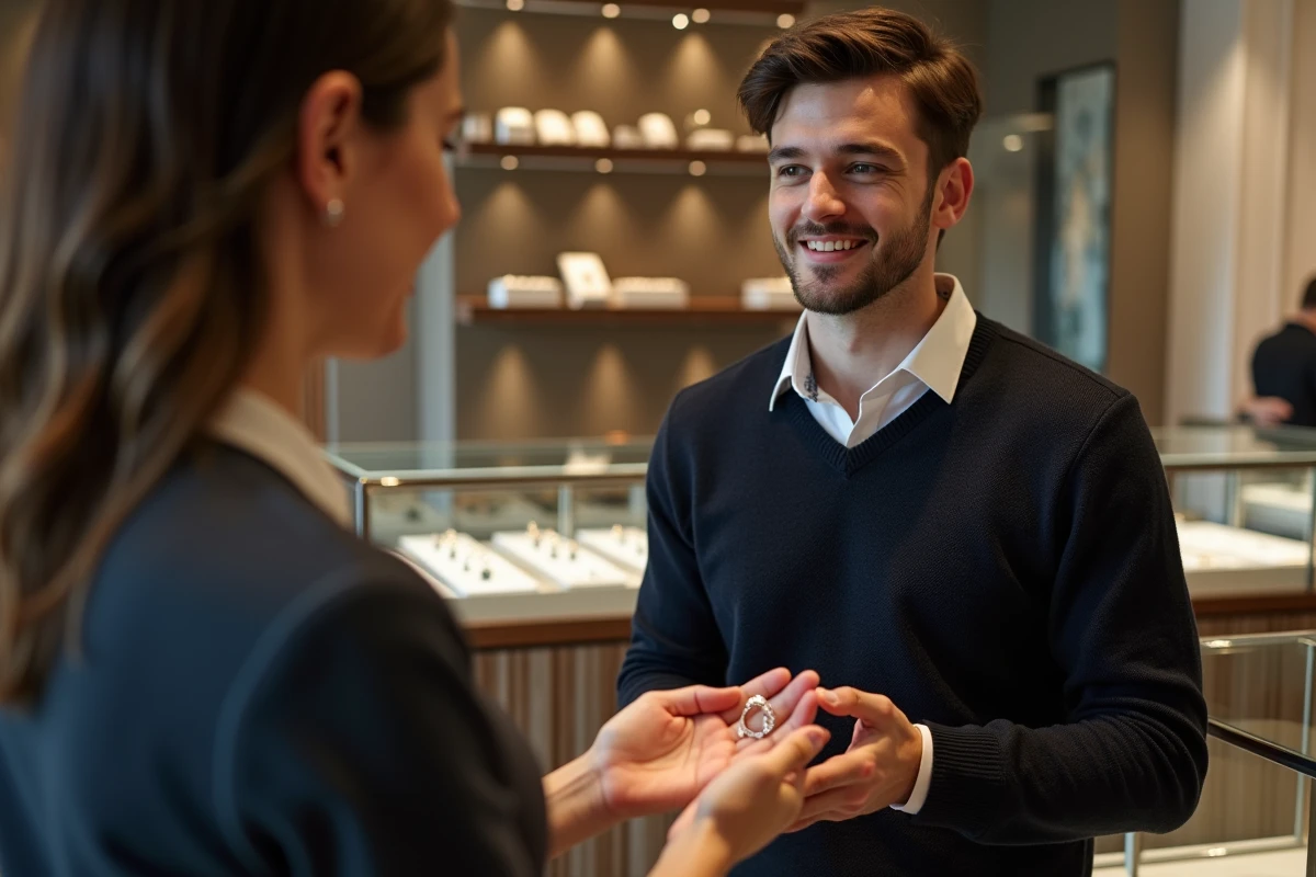 Jeune homme discutant avec un vendeur dans une bijouterie élégante