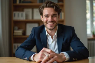 Jeune homme en blazer blanc portant une bague en or blanc