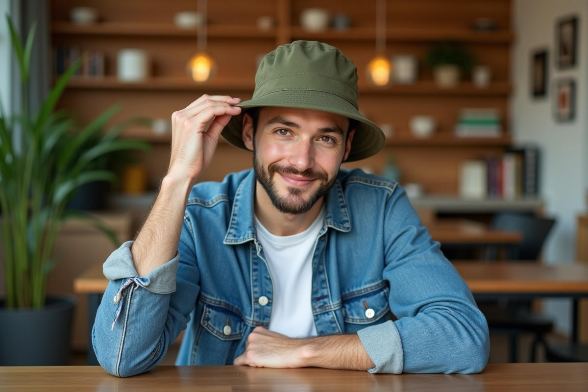 Jeune homme en café ajustant son chapeau casual