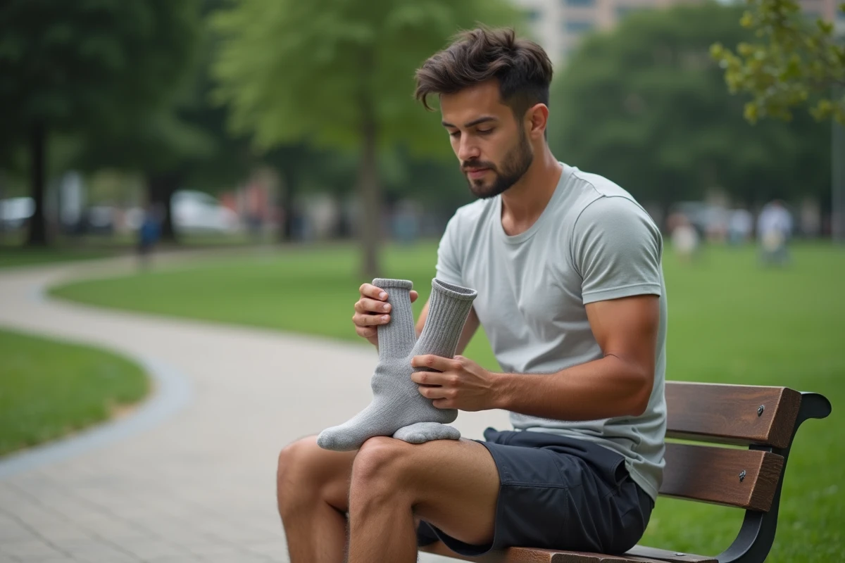 Jeune homme changeant de chaussettes dans un parc urbain