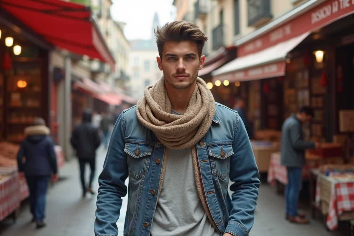 Jeune homme portant foulard dans un marché urbain animé