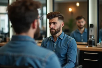 Jeune homme espagnol regarde son reflet avec un dégradé inégal