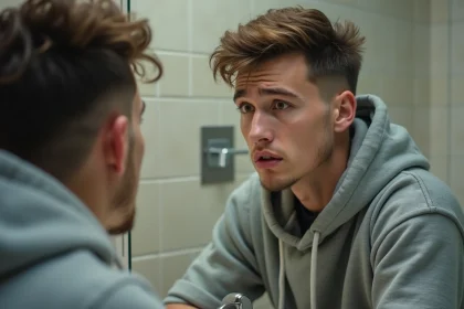 Jeune homme inspectant sa coupe de cheveux inégale dans le miroir