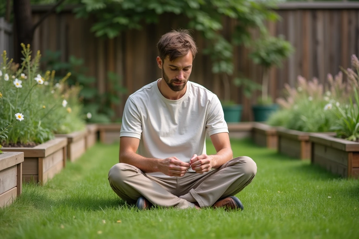 Jeune homme dans un jardin bio examine son vêtement écologique
