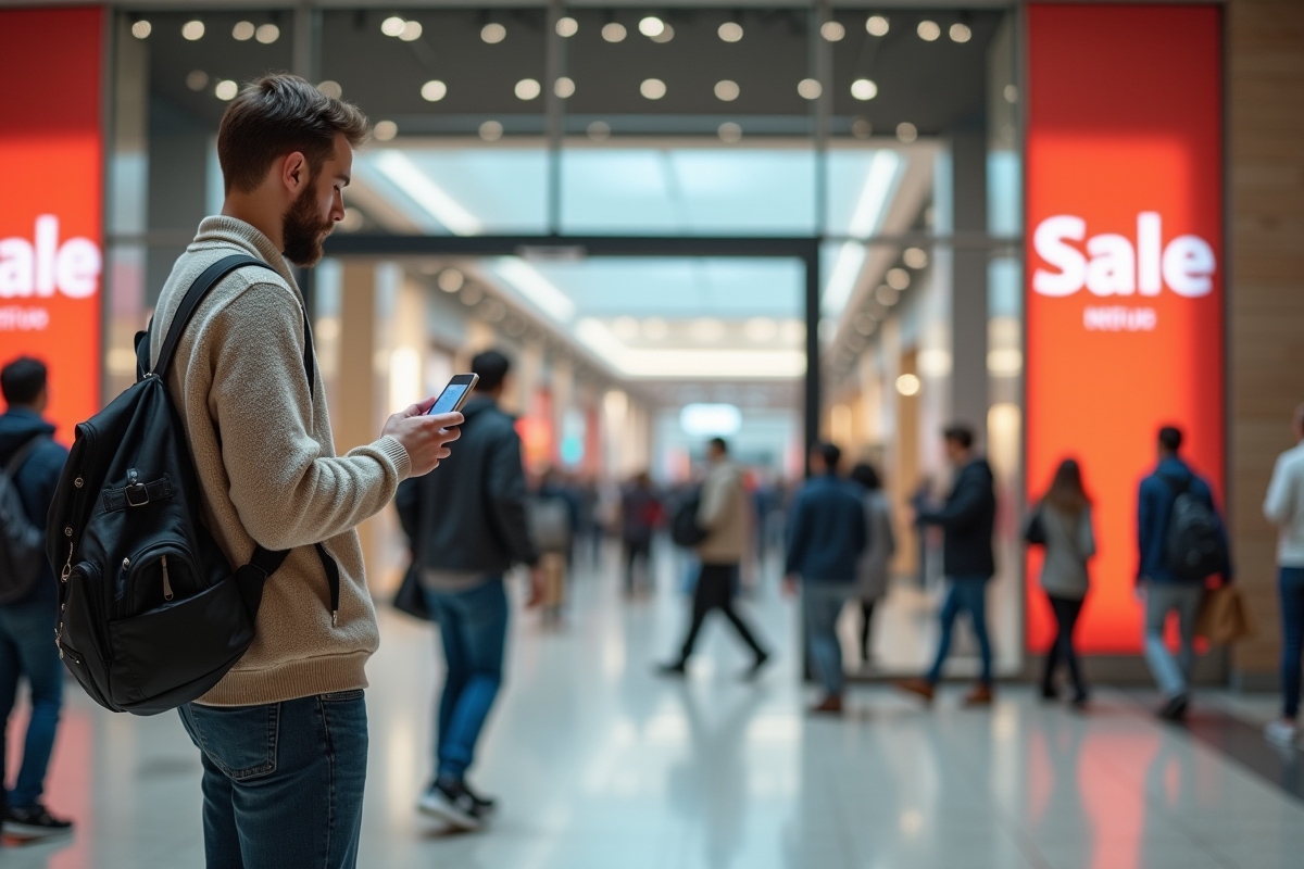 Jeune homme vérifiant la date devant un centre commercial