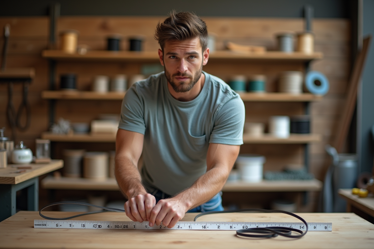 Jeune homme mesurant elastiques dans un magasin de bricolage