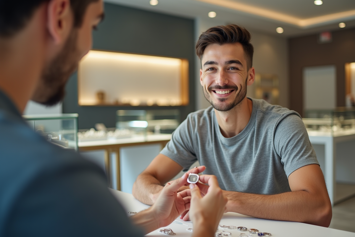 Jeune homme faisant mesurer son doigt chez un bijoutier