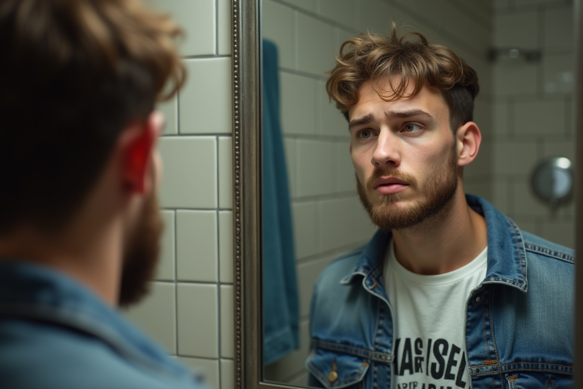 Jeune homme regardant sa barbe naissante dans le miroir
