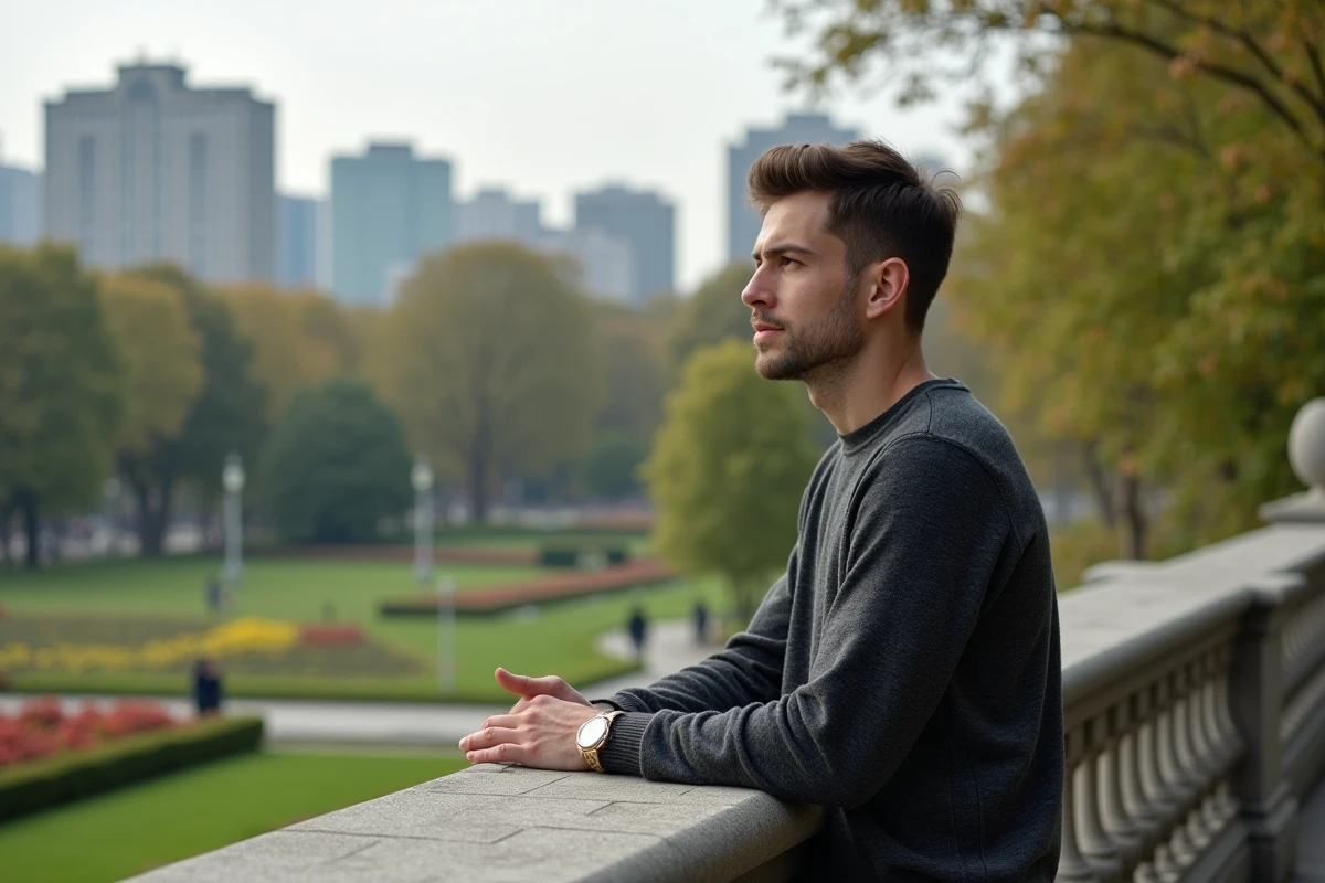 Jeune homme contemplant la ville depuis un parc urbain