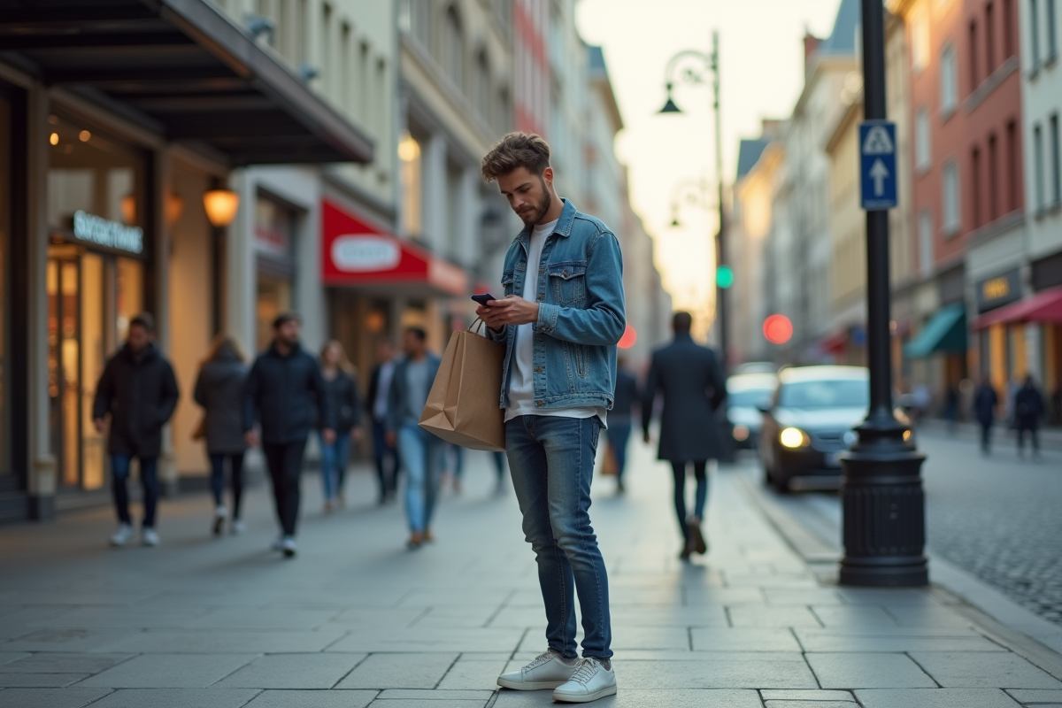 Jeune homme dans la rue animée avec sac de shopping