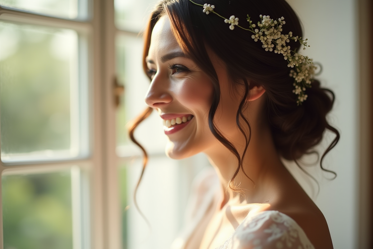 Jeune mariée souriante avec cheveux ondulés et accessoires floraux