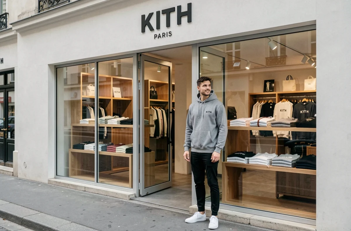 Devanture épurée et minimaliste de la boutique Kith Paris avec son logo emblématique et ses collections streetwear premium visibles en vitrine