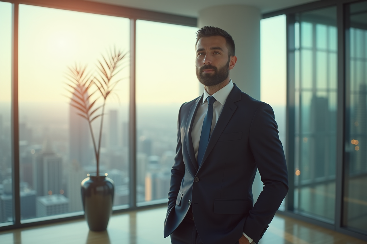 Leader d'affaires confiant dans un bureau moderne avec vue panoramique