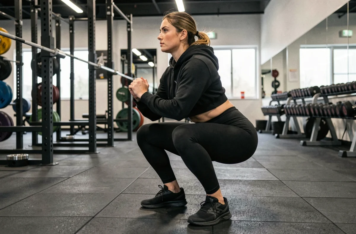 Femme en legging Leonie and co effectuant un squat en salle de sport, test effet push-up et maintien à l'effort