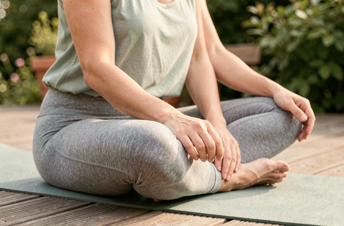 Femme assise en tailleur portant un legging Leonie and co gris chiné, gros plan sur la texture du tissu et la ceinture haute