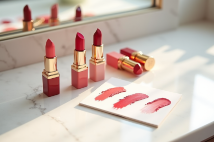 Plusieurs rouges à lèvres luxe sur une coiffeuse en marbre