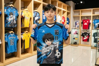 Adolescent tenant un maillot Blue Lock bleu et noir devant un mur de maillots de football dans un magasin de sport