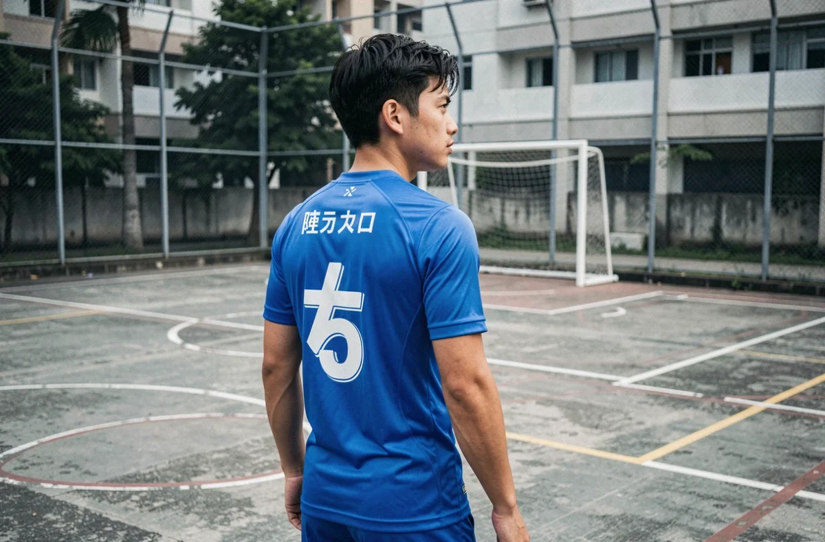 Jeune homme portant un maillot Blue Lock dos tourné sur un terrain de football urbain en béton