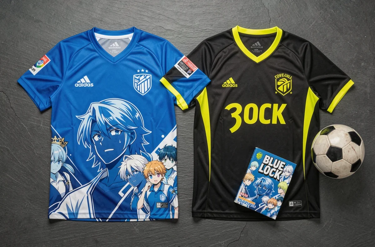 Deux maillots Blue Lock en vue à plat sur fond ardoise avec un manga et un ballon de football