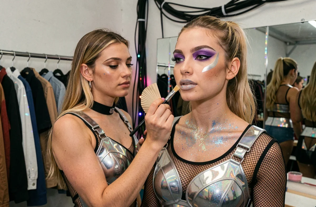 Deux femmes backstage dans un festival électronique, l'une appliquant du glitter holographique sur l'autre dans un ambiance de préparation rave