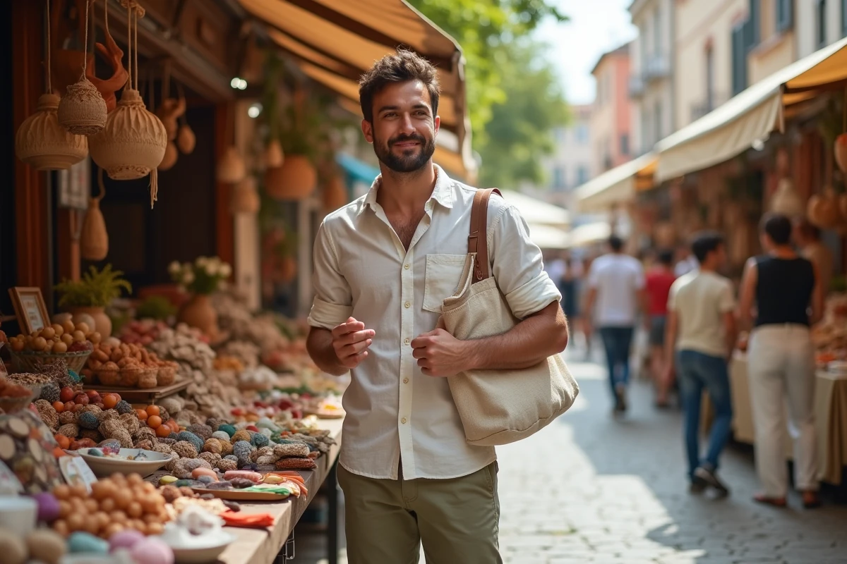 Homme découvrant des souvenirs artisanaux dans un marché local lors d'un voyage économique