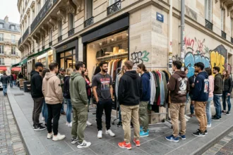 Scène de rue animée à Paris illustrant la culture streetwear en Île-de-France, avec des jeunes en tenues urbaines devant des boutiques de mode