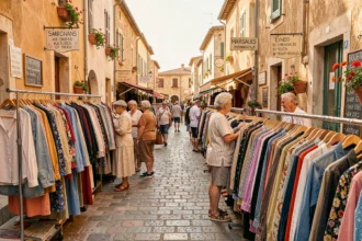 Marché de friperies en plein air dans le Gard avec des vêtements colorés sur des portants