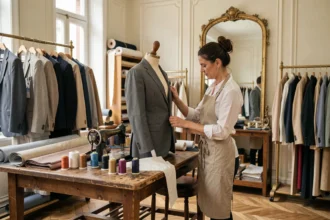 Intérieur d'une retoucherie parisienne avec une couturière inspectant une veste sur un mannequin, entourée de tissus et de machines à coudre vintage