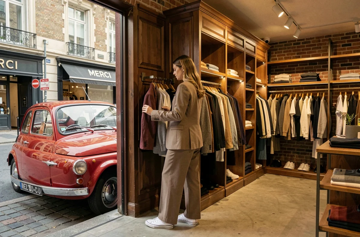 Intérieur du concept store Merci Paris avec sa sélection de mode soignée dans un espace au style éditorial mêlant bois sombre et briques apparentes